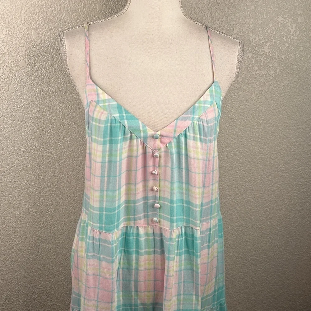 Abound Pastel Plaid Summer V-Neck Spaghetti Strap Babydoll Dress Size Medium New